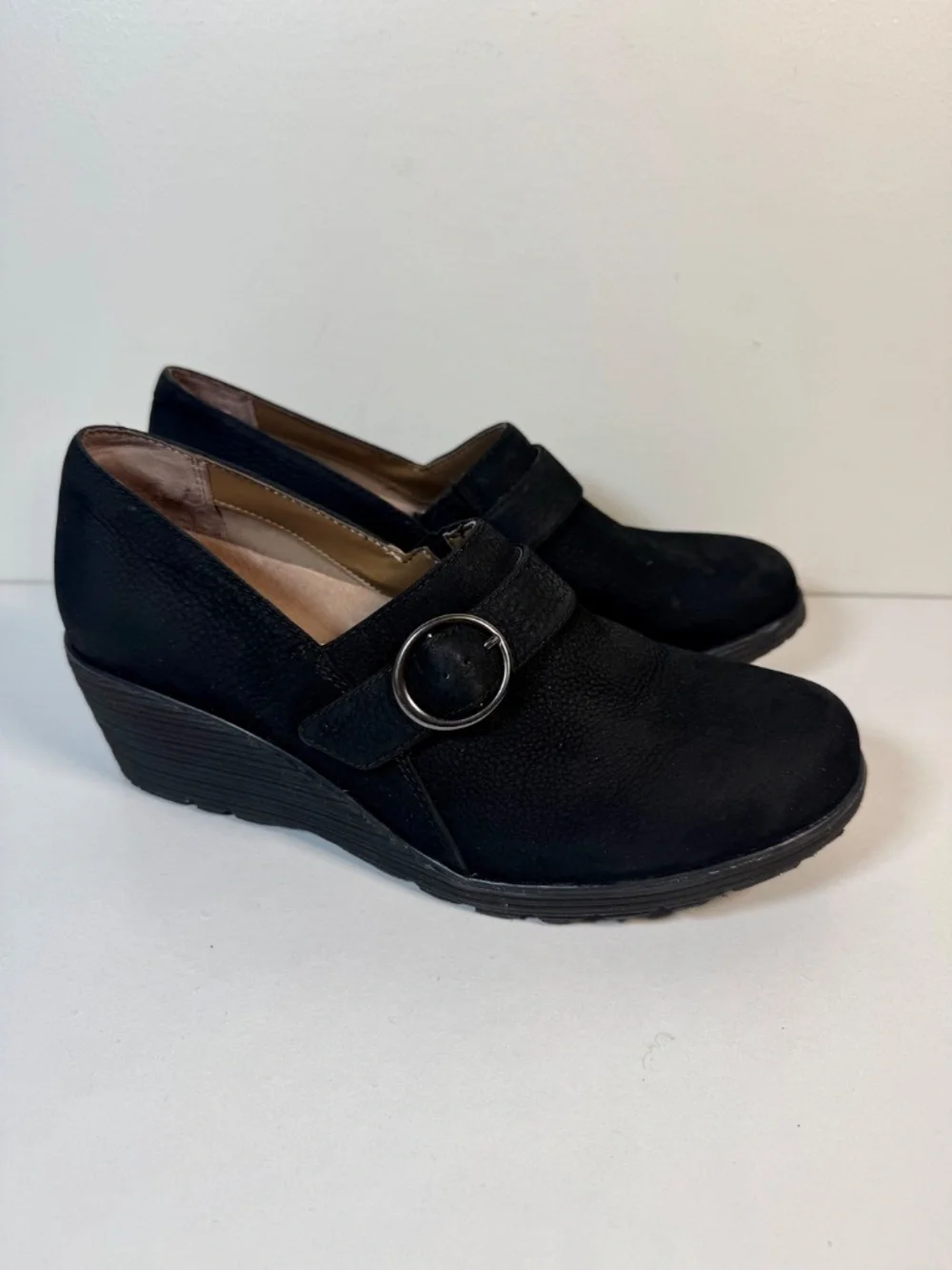Dansko Clio Black Nubuck Leather Wedge Slip On Buckle Shoes | Size 39